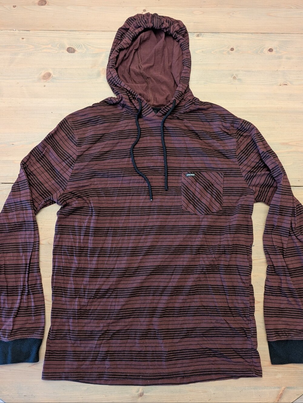 Volcom Men's Hooded Long-Sleeve Striped Shirt - Burgundy & Black